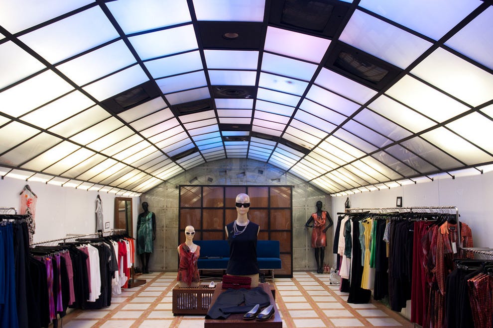 Women's clothing and apparel sits on display inside a J. Crew