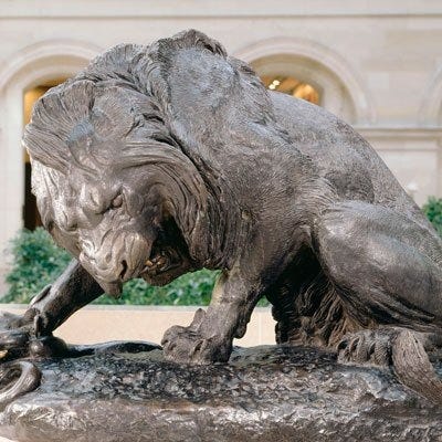 "Lion with Serpent", Antoine-Louis Barye. 1832-1833. Bronze, 53 1/4 x 70 1/8 x 37 7/8 inches.