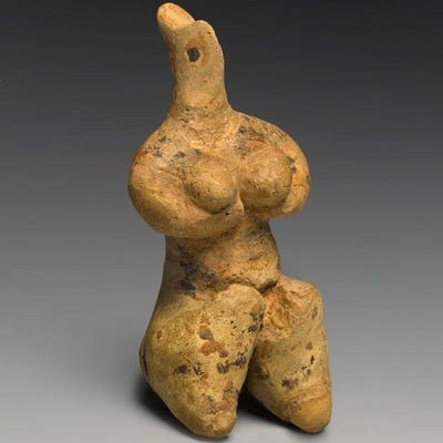 Fertile Goddess Exhibit. Female Figurine. Provenance not known; type known from northern Mesopotamia (modern Iraq) and Syria. Late Halaf Period, late fifth millennium B.C.E. Clay, pigment, 4 1/8 x 1 7/8 x 1 5/8 in. (10.4 x 4.7 x 4.2 cm). Brooklyn Museum, 
