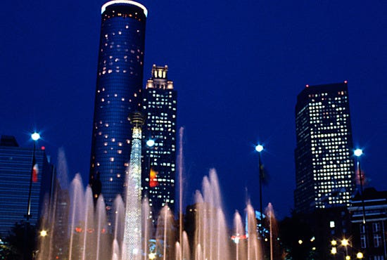 Atlanta's Centennial Olympic Park's fountain is radiant at night