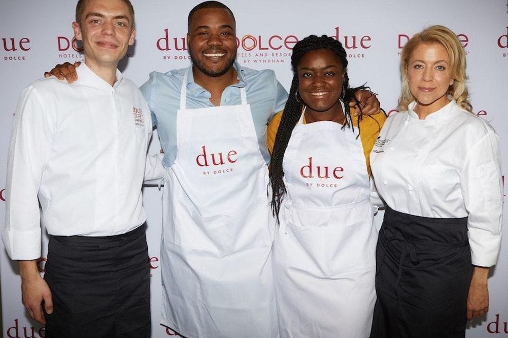 Chef Adrien Clauwaert, Selasi Gbormittah, Benjamina Ebuehi and Chef Aleece Alexander at the Due by Dolce Biscotti Bake Off