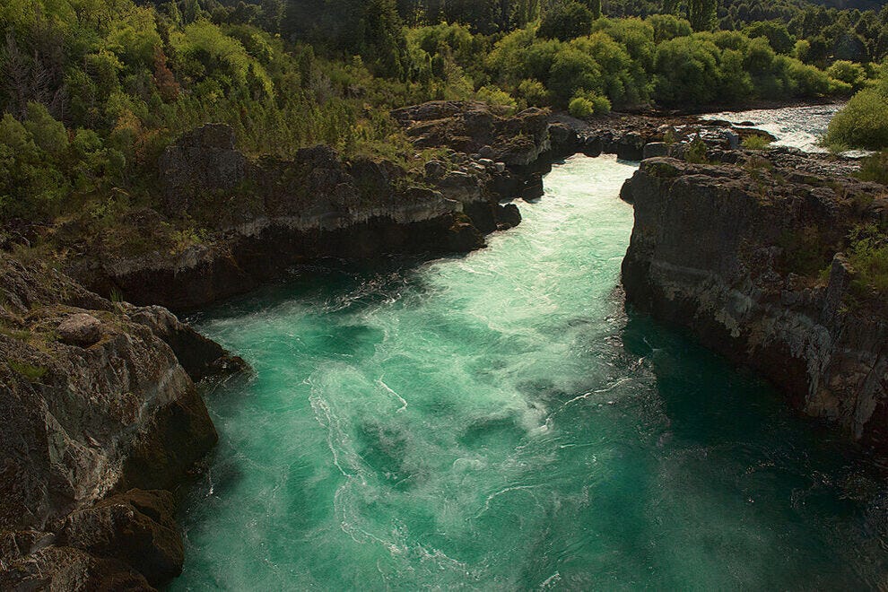 Turquoise raging water viewed from above the Futaleufú River