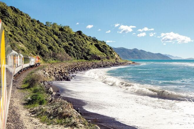 The Coastal Pacific Train travels from Christchurch, the South Island's largest city, to the idyllic port town of Picton